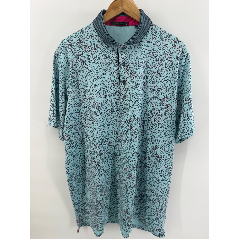 Greyson Mens XL Den of Thieves Polo Blue Abstract Harbor Shores Golf logo